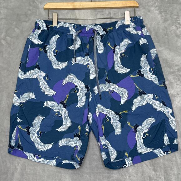 Saxx Cannonball 2N1 Swim Trunks Mens Large Blue Crane Bird Bathing Suit Beach - Picture 1 of 10